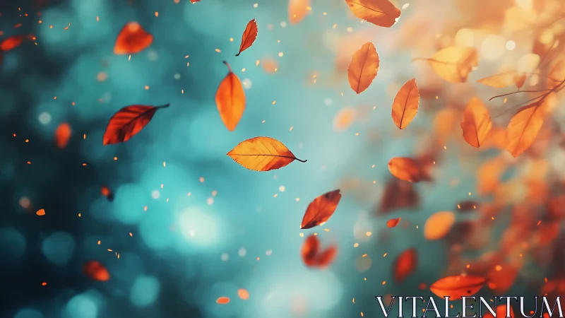 Orange autumn leaves floating against soft teal light.