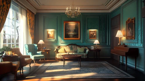 Sunlit neoclassical salon with teal wall paneling and layered luminance