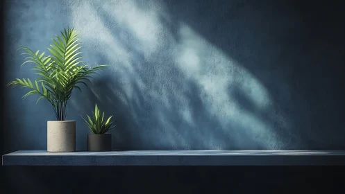 Sunlit potted plants animate a minimalist blue interior wall