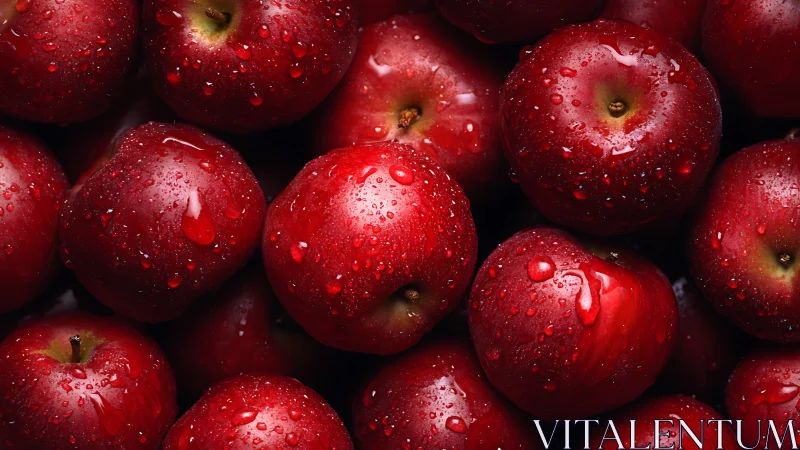 Ruby red apples glisten with fresh water droplets in closeup