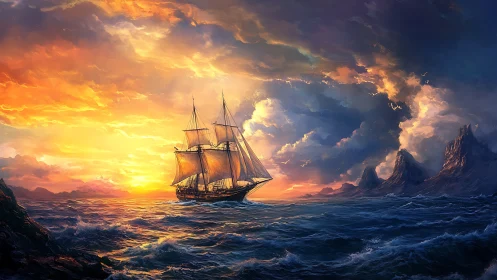 Golden sunset ship sails warmly toward the glowing horizon