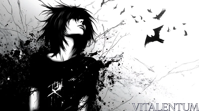 Emo figure in black ink burst with flying birds silhouette
