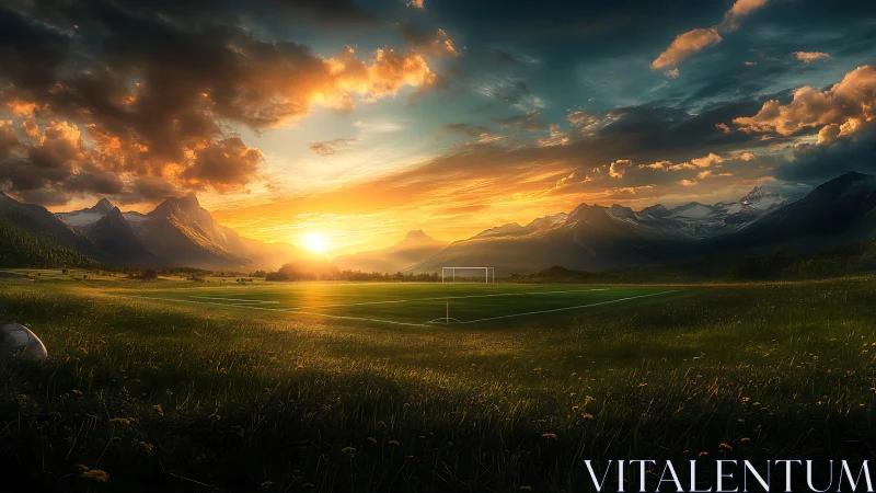 Golden mountain sunset over a quiet country football field.