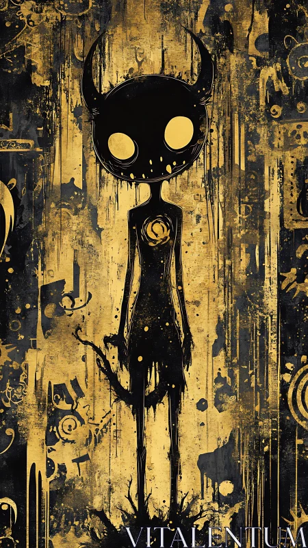 Horned shadow figure stands in textured gold abstract field