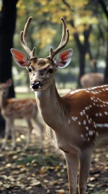 Young spotted deer stands alert in a soft autumn woodland glow