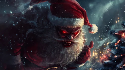 Demonic Santa portrait with glowing red eyes and high-contrast rim lighting