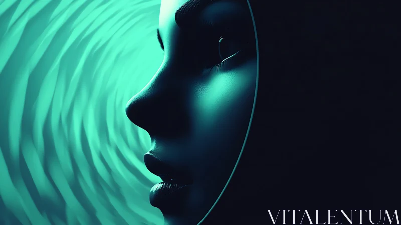 Quiet teal-lit profile exploring a calm digital dreamscape.