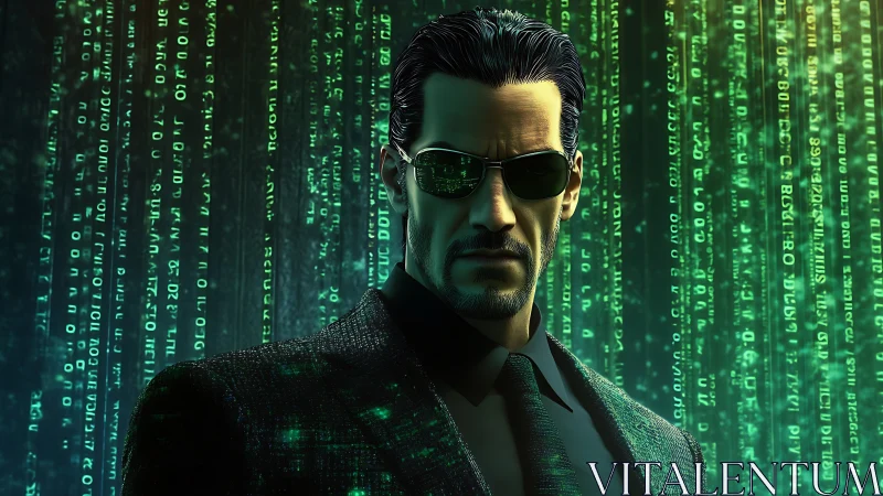Cybernetic operator in cascading green matrix code field.