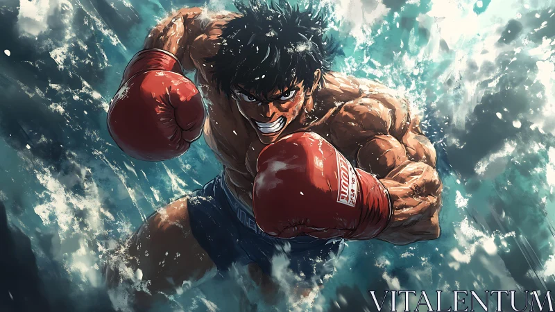 Muscular boxer in red gloves punches with dramatic cloudy backdrop.