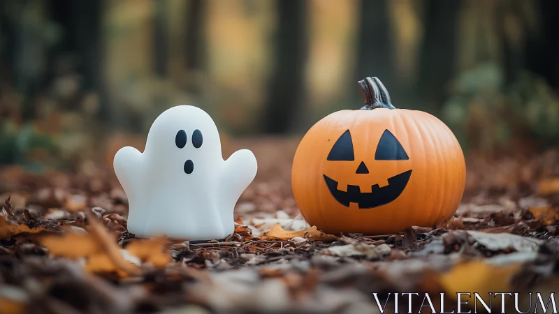 Halloween ghost figure and pumpkin on autumn forest floor.