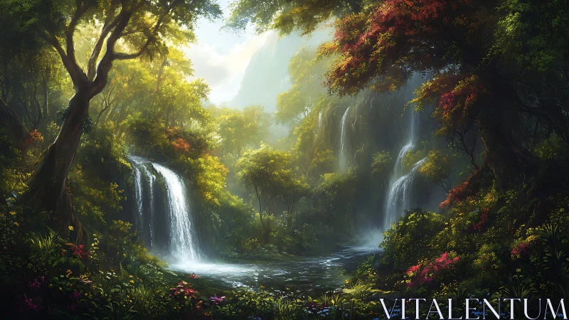 Sunlit forest waterfalls invite a calm, dreamy escape today