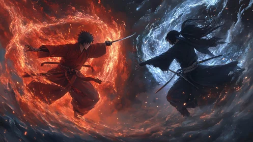 Fiery samurai clashes with icy warrior in elemental duel.