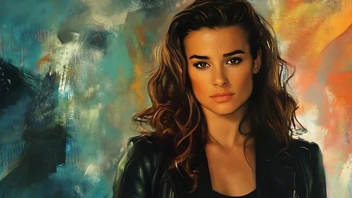 Digital portrait depicts woman before abstract painted backdrop