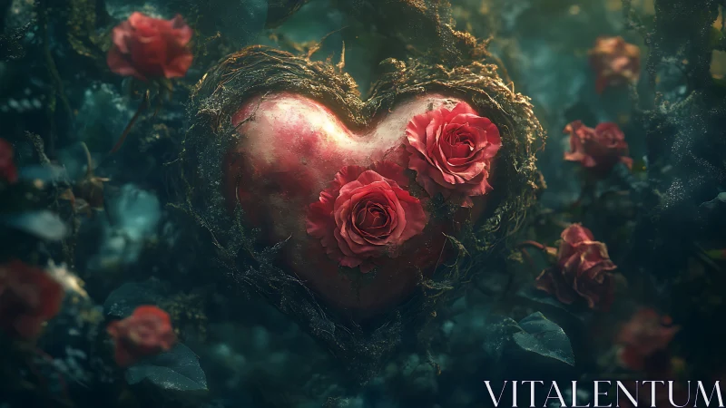 Metallic heart sculpture entwined with moss and red roses in dark fantasy setting