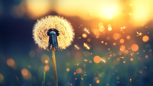 Sunlit dandelion wishes drifting through golden evening air.