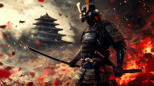 Armored samurai stands before burning fortress in battle.