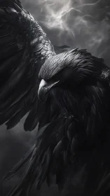 Monochrome close-up of large dark eagle in cloudy sky.