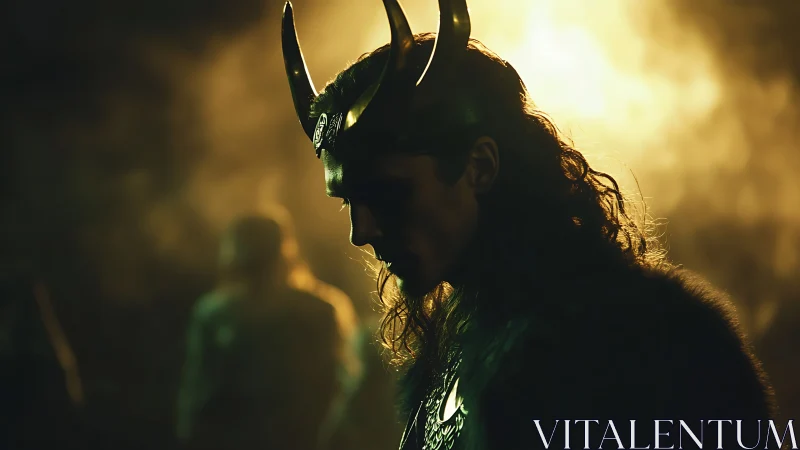 Backlit horned trickster silhouette in cinematic chiaroscuro.