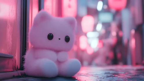 Fluffy pink kitten plush in neon alleyway glow.