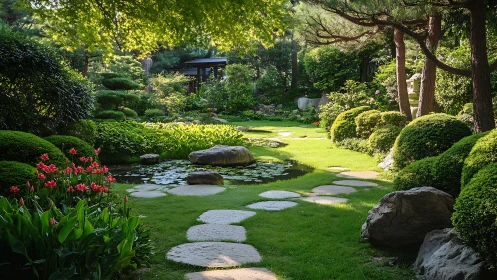 Sunlit koi-less pond path in a quietly enchanted garden scene.