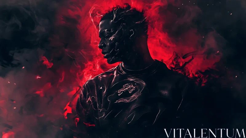 Silhouetted figure stands in red and black smoky digital haze