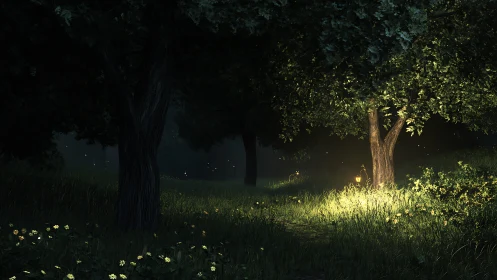 Nighttime Forest Clearing with Bioluminescent Trees