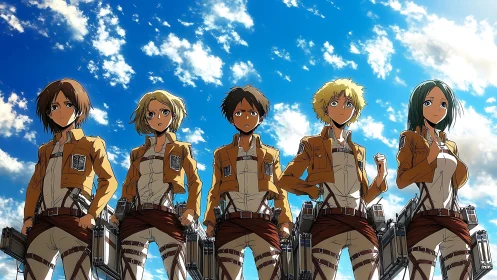 Anime squadron lineup under dynamic cloud-swept sky.