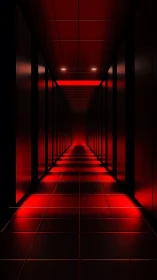 Cyberpunk corridor with red-lit vanishing point perspective.