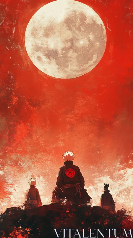 Central figure studies full moon above red-toned landscape