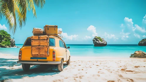Sun-drenched vintage car quietly rehearses its beach escape