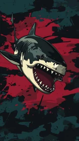 Ferocious shark lunges through bloody abstract waters.