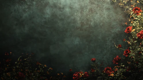 Crimson Florals Against Weathered Teal Surface.