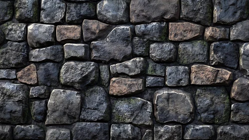Weathered stone masonry wall shows high-relief, rough surface texture