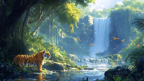 Solitary tiger surveys luminous rainforest waterfall basin
