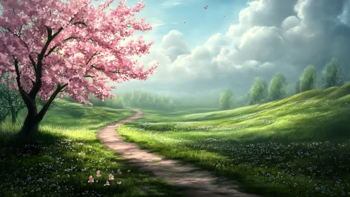 Spring blossom tree beside winding sunlit meadow path.