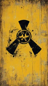 Distressed radiation warning emblem on yellow field.