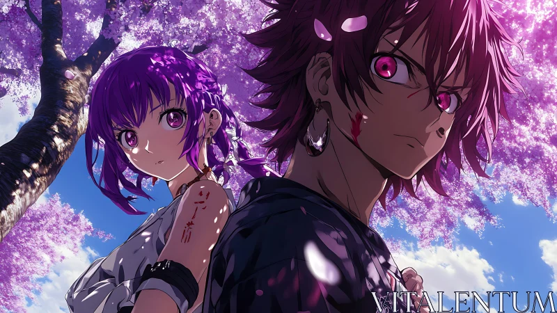Dual anime warriors under saturated cherry blossoms, high contrast