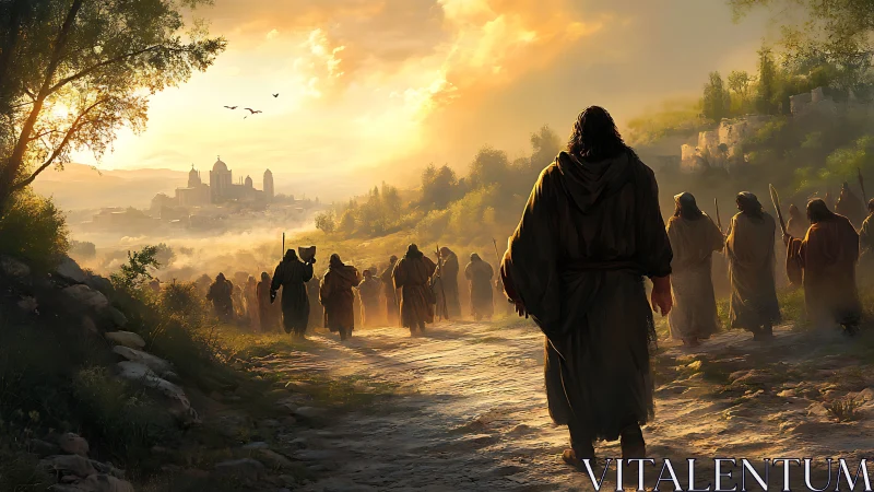 Group of robed figures walks toward distant walled city at dawn