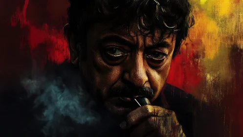 Intense male portrait with pipe against fiery background.