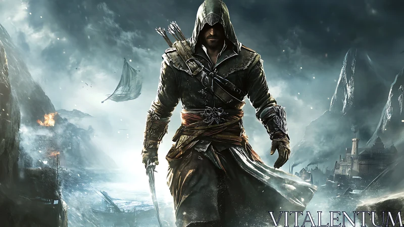 Hooded rogue strides through stormlit coastal battlefield