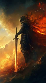 Flame-wreathed knight stands guard with blazing greatsword.