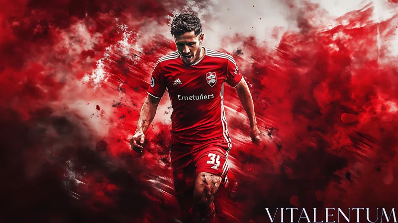 Soccer player in red kit amid abstract red motion background.