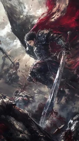 Armored swordsman leaps through bloody battlefield storm