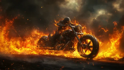 Inferno rider carves a blazing trail through stormlit dusk.