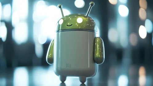 Chromed android mascot maquette under bokeh studio luminance.