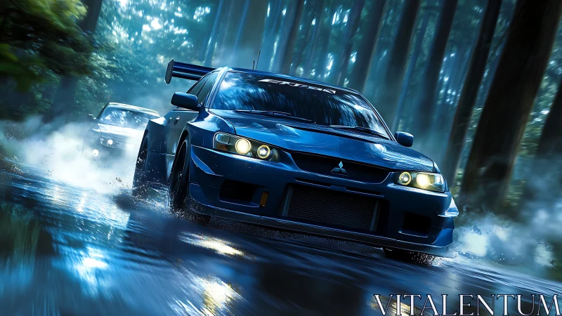 Blue street racer car slices through a misty forest road