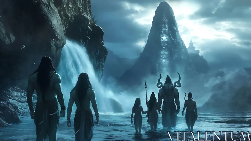 Moonlit pilgrims stride toward the mountain of divine echoes