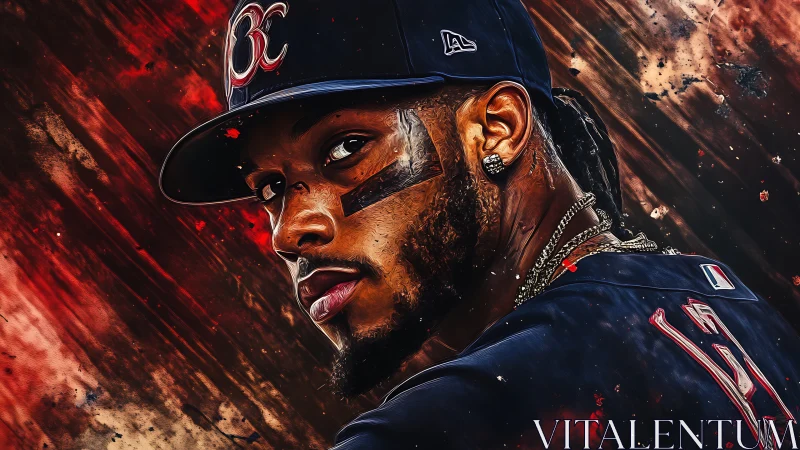 Intense baseball portrait glows against a fiery abstract storm