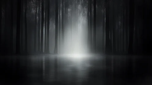 Mystic white light rises through foggy flooded forest