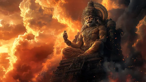 Colossal seated deity statue amid dense fiery clouds.